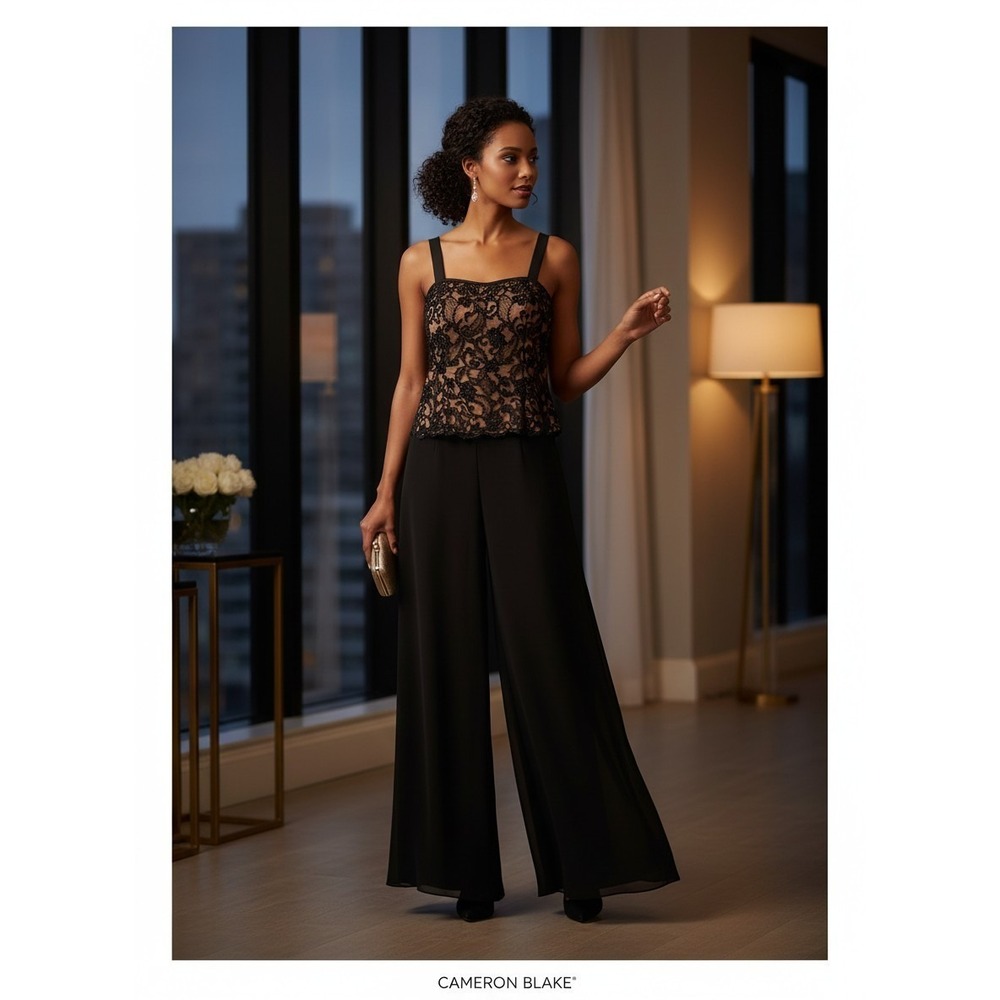 Cameron Blake Women's Beaded Lace Top & Wide‑Leg Pants Set – Black – Size 8